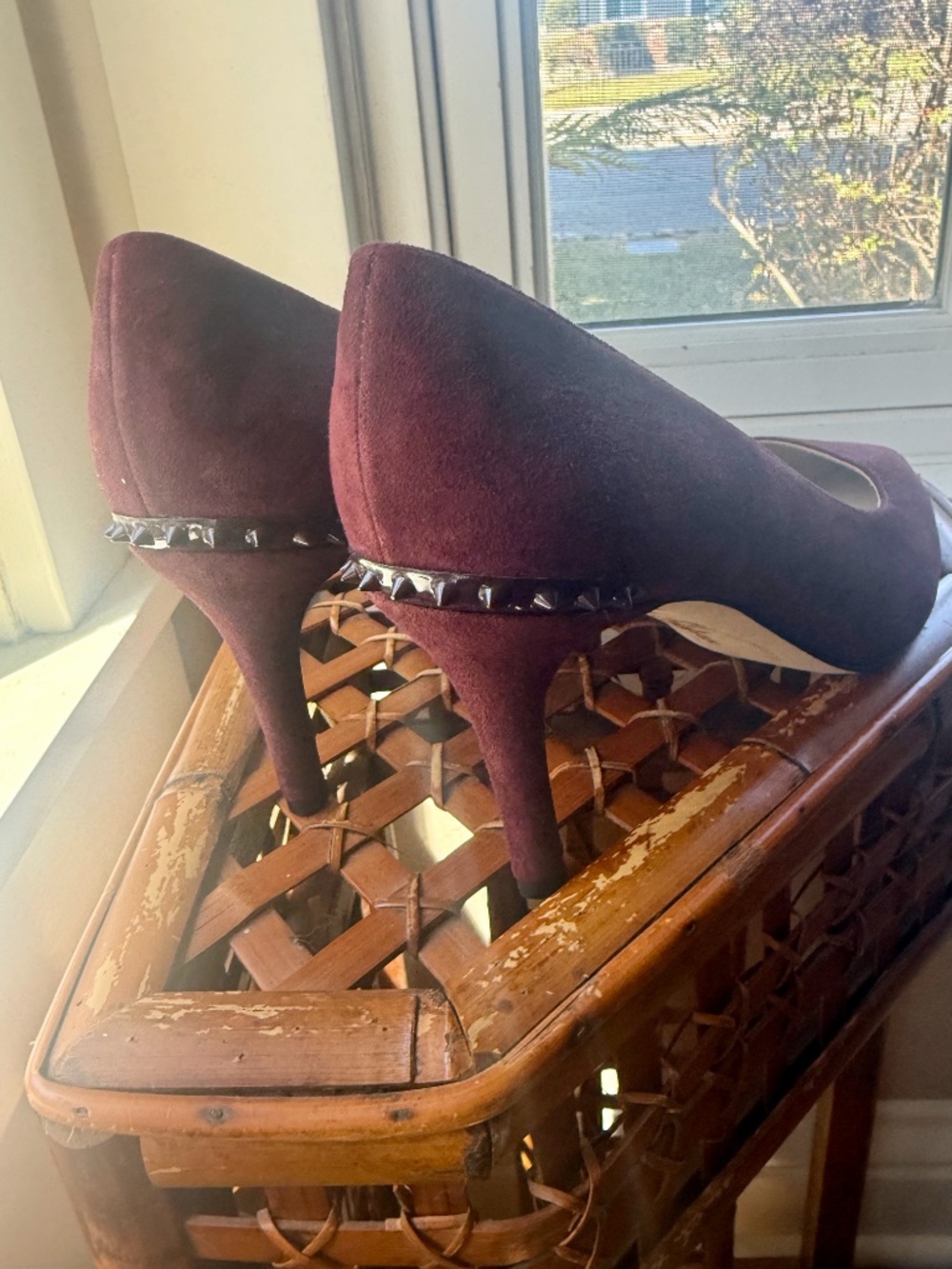 SAM EDELMAN SUEDE SPIKED wine heels LIGHTLY worn! Gorgeous for the Holidays!